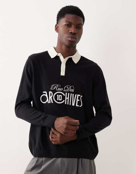 ASOS DESIGN - Polo a maniche lunghe in maglia comoda nera con grafica sul petto - view 1