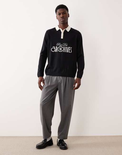 ASOS DESIGN - Polo a maniche lunghe in maglia comoda nera con grafica sul petto, 2 di 5