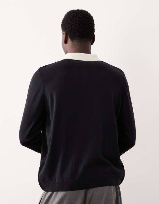 ASOS DESIGN - Polo a maniche lunghe in maglia comoda nera con grafica sul petto, 3 di 5