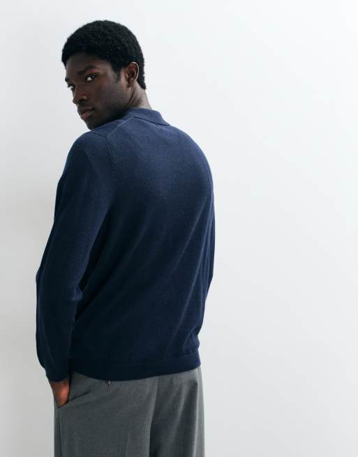 ASOS DESIGN polo a maniche lunghe in maglia di lana merino blu navy, 5 di 5