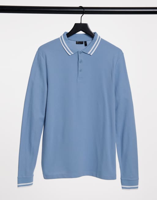 ASOS DESIGN - Polo a maniche lunghe in piqué blu con bordi a contrasto