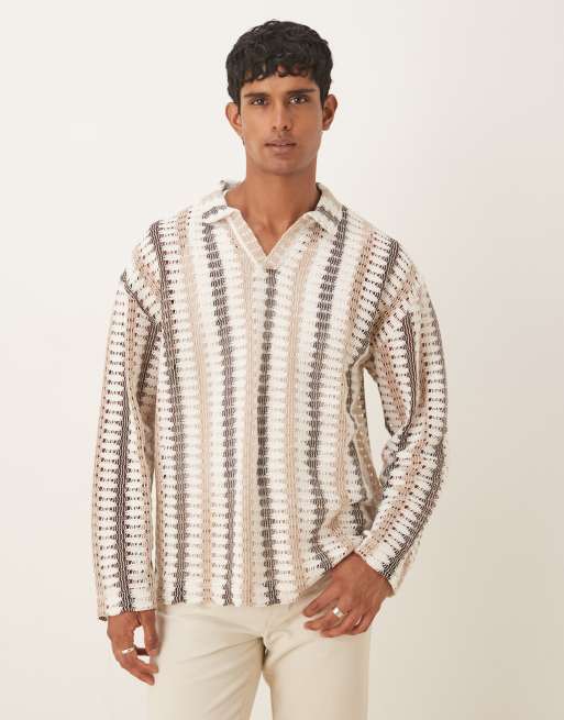 ASOS DESIGN - Polo a maniche lunghe oversize all'uncinetto con righe colore neutro