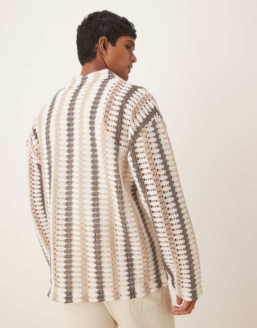 ASOS DESIGN - Polo a maniche lunghe oversize all'uncinetto con righe colore neutro , 3 di 5