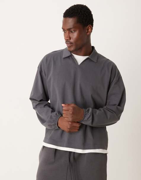 ASOS DESIGN - Polo a maniche lunghe oversize antracite con rever - view 1