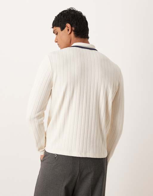 ASOS DESIGN - Polo a maniche lunghe regular fit écru in tessuto testurizzato, 3 di 5