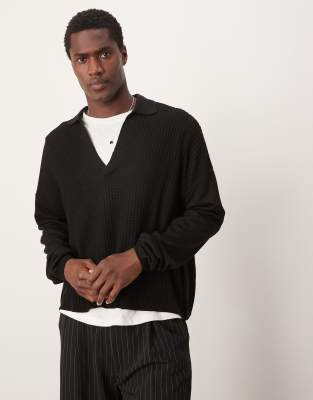 ASOS DESIGN - Polo a maniche lunghe squadrata oversize in maglia nera - view 1