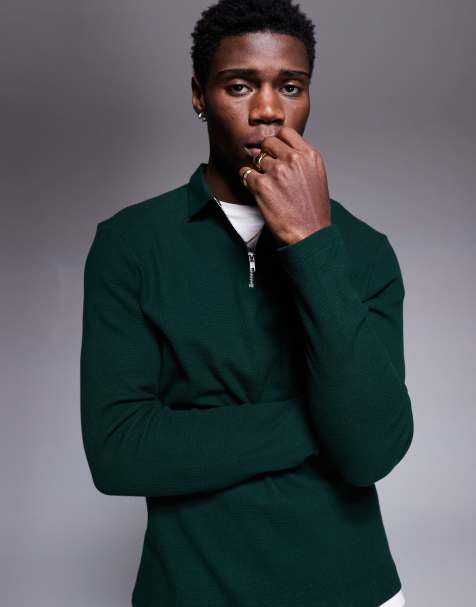 ASOS DESIGN - Polo a maniche lunghe verde scuro a nido d'ape con zip - view 1