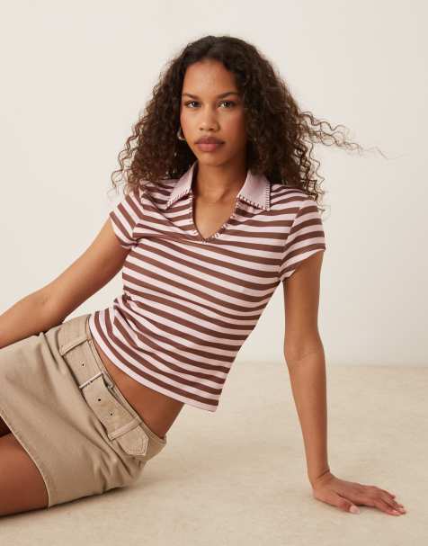 ASOS DESIGN - Polo à rayures avec points de feston - Marron et rose - view 1