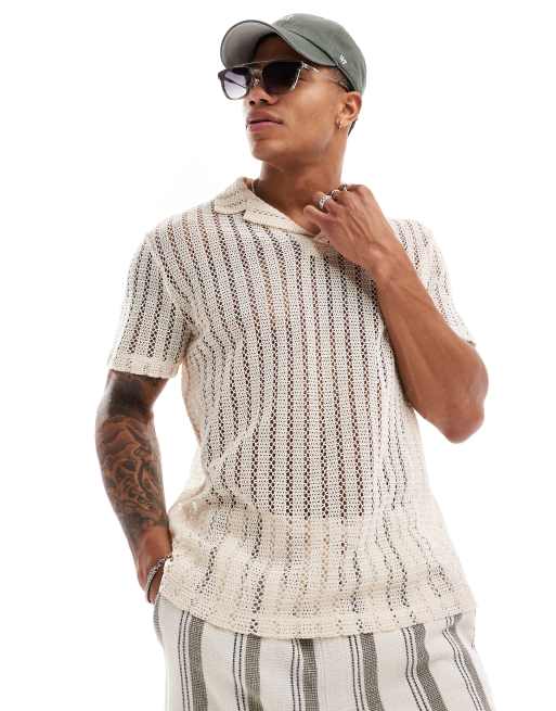 ASOS DESIGN - Polo all'uncinetto beige con rever