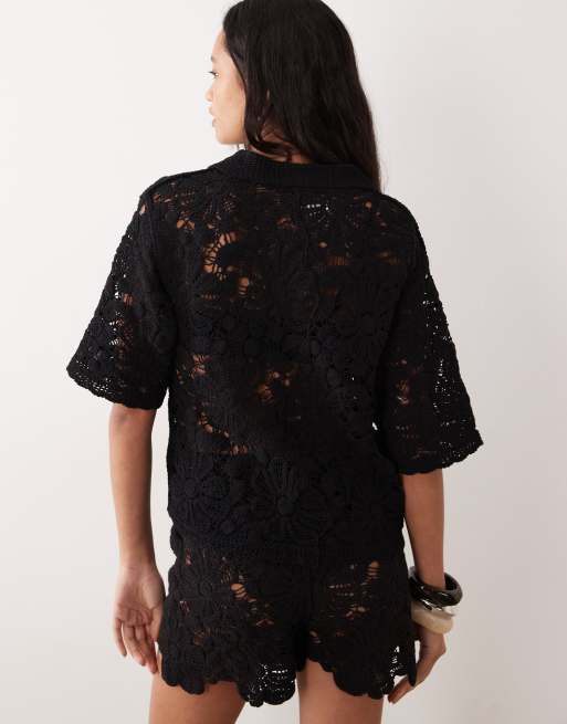 ASOS DESIGN - Polo all'uncinetto nera in coordinato, 3 di 4