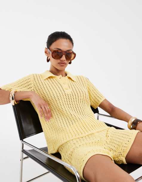 ASOS DESIGN - Polo amarillo pastel de croché (parte de un conjunto) - view 1