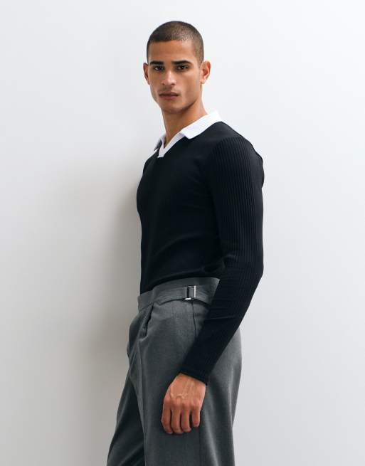 ASOS DESIGN polo attillata a maniche lunghe a costine variegate nera, 3 di 5