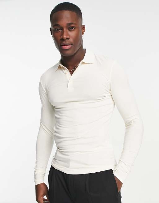 ASOS DESIGN - Polo attillata a maniche lunghe color crema 