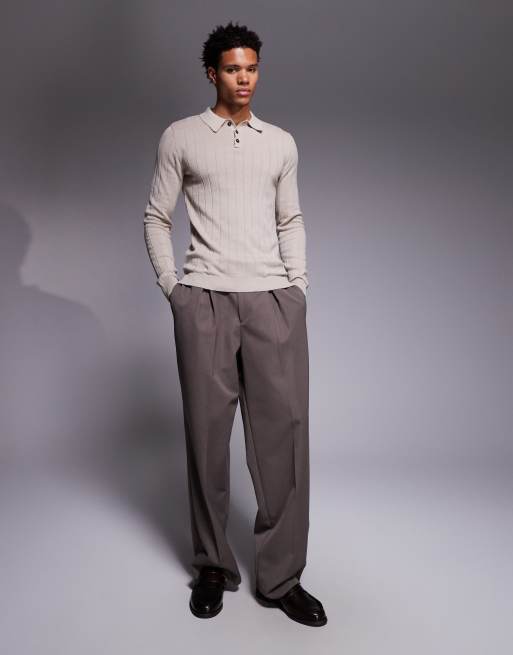 ASOS DESIGN - Polo attillata a maniche lunghe color pietra in maglia a coste, 2 di 5