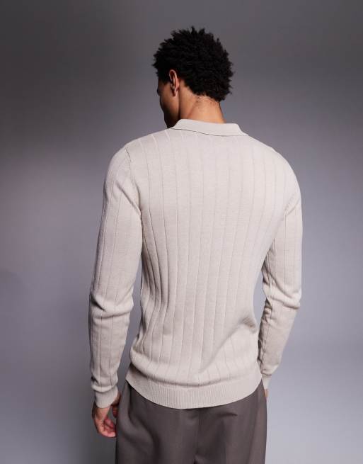 ASOS DESIGN - Polo attillata a maniche lunghe color pietra in maglia a coste, 3 di 5
