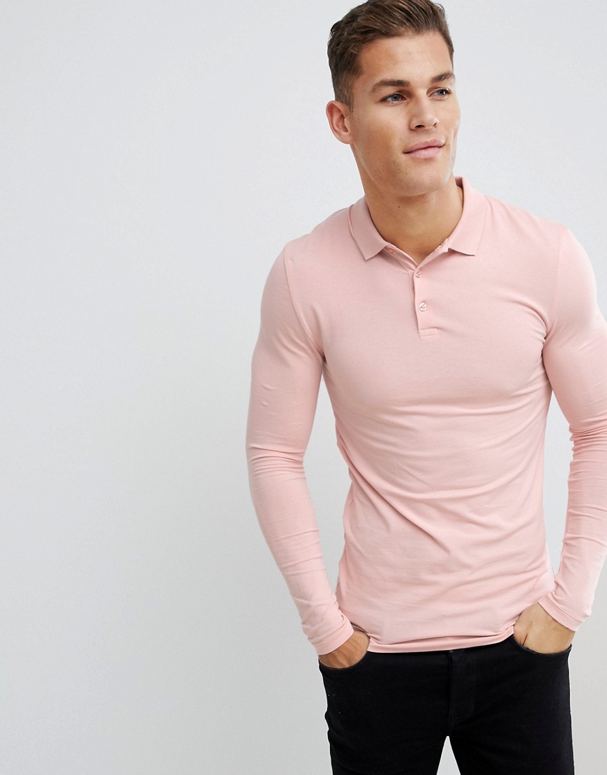 ASOS DESIGN - Polo attillata a maniche lunghe in jersey rosa
