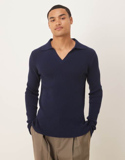 ASOS DESIGN - Polo attillata a maniche lunghe in maglia compatta blu navy con intaglio sullo scollo