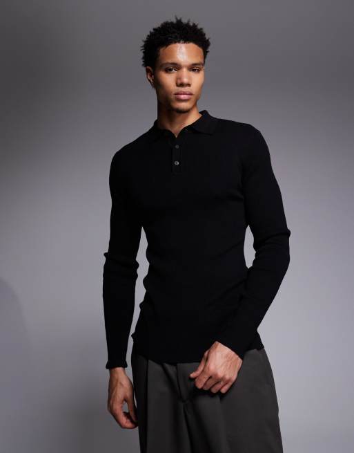 ASOS DESIGN - Polo attillata a maniche lunghe in misto cotone nera a costine