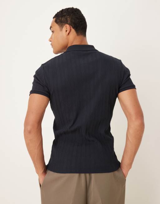 ASOS DESIGN - Polo attillata blu navy a coste elegante con zip , 3 di 5