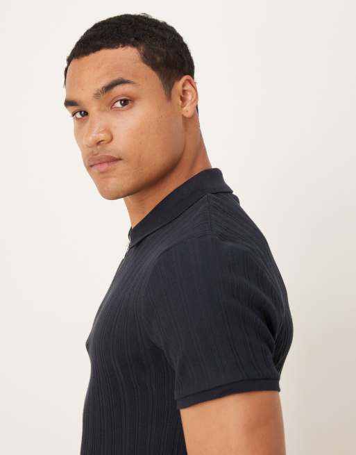 ASOS DESIGN - Polo attillata blu navy a coste elegante con zip , 4 di 5