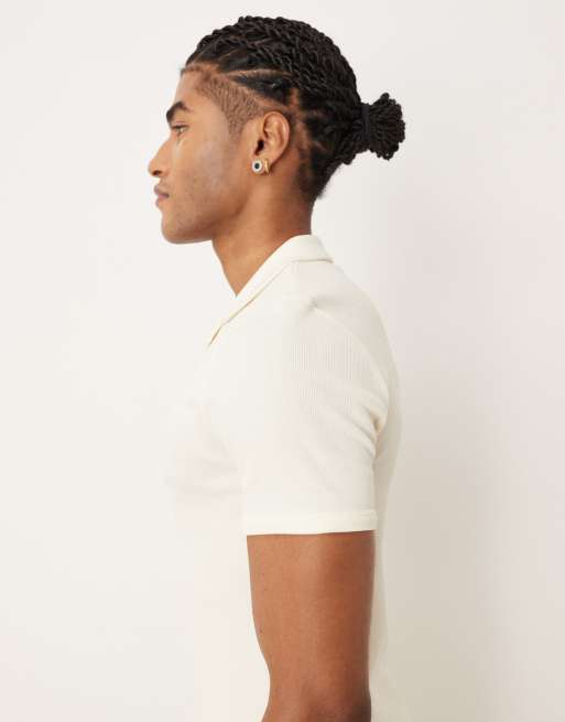 ASOS DESIGN - Polo attillata color crema a coste con rever, 4 di 5