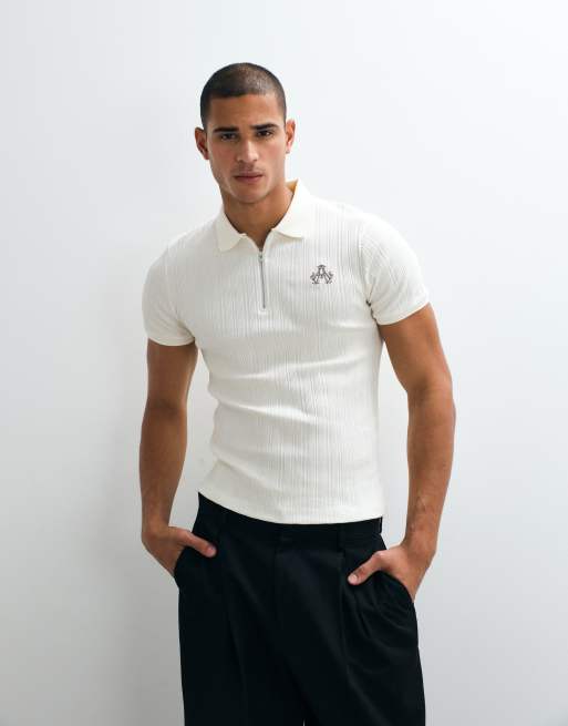 ASOS DESIGN - Polo attillata color crema a coste con ricamo sul petto, 3 di 5