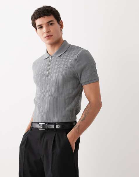 ASOS DESIGN - Polo attillata grigio antracite a coste con zip - view 1