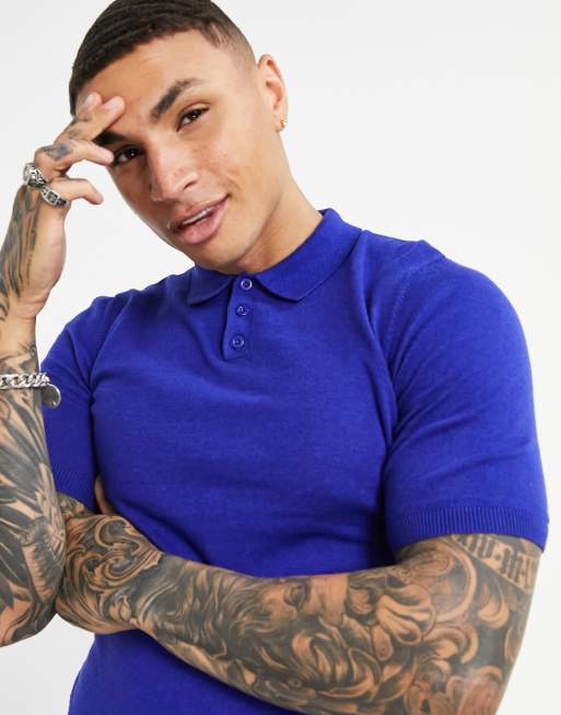 ASOS DESIGN - Polo attillata in maglia cobalto