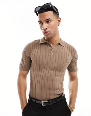 ASOS DESIGN muscle fit lightweight knitted rib polo in brown - ASOS Price Checker