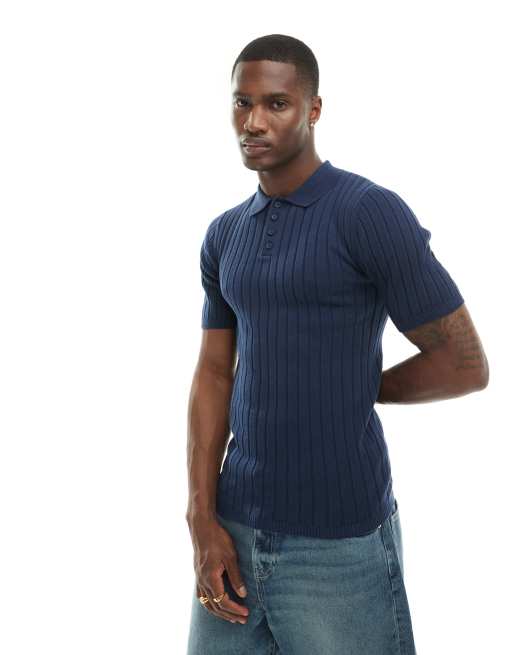 ASOS DESIGN - Polo attillata in maglia leggera blu navy a coste con rever