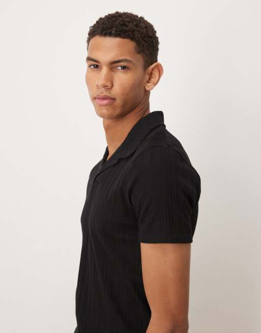 ASOS DESIGN - Polo attillata in tessuto pesante nera a coste con rever, 4 di 5