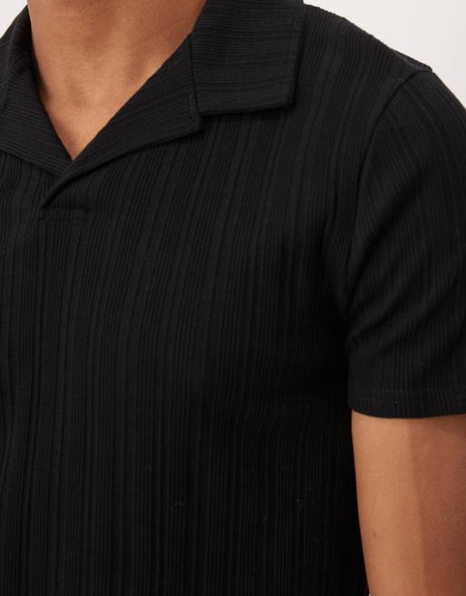 ASOS DESIGN - Polo attillata in tessuto pesante nera a coste con rever, 5 di 5