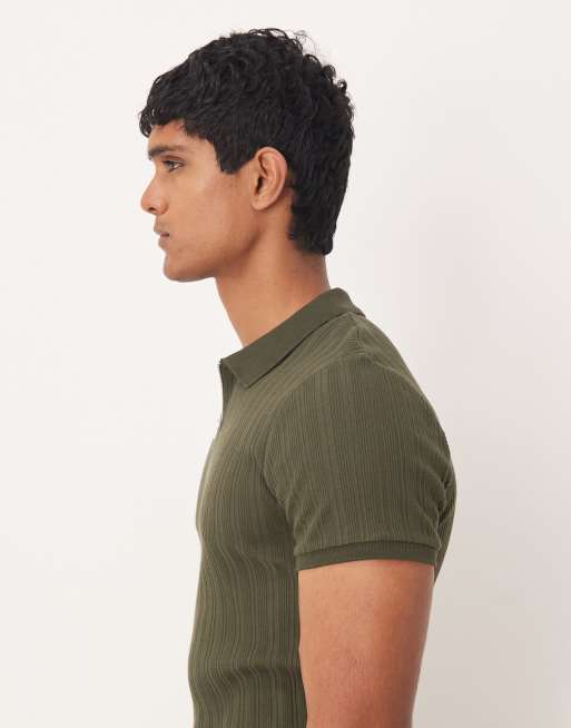 ASOS DESIGN - Polo attillata kaki testurizzata a coste con zip , 4 di 5