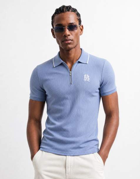 ASOS DESIGN - Polo attillata pesante con ricamo blu a coste - view 1