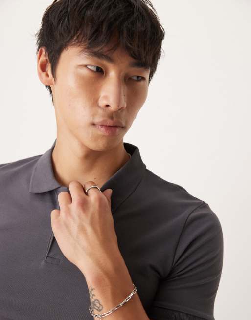 ASOS DESIGN - Polo basic attillata in piqué color antracite  , 2 di 4