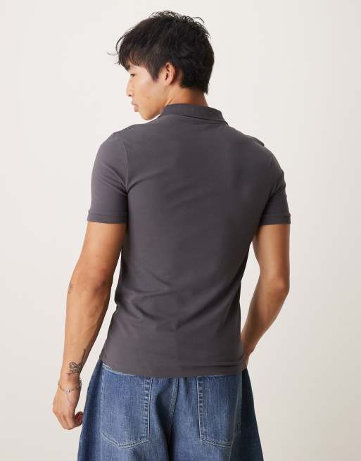 ASOS DESIGN - Polo basic attillata in piqué color antracite  , 4 di 4