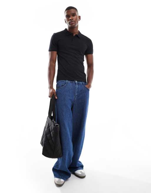 ASOS DESIGN - Polo basic attillata in piqué nera, 3 di 4