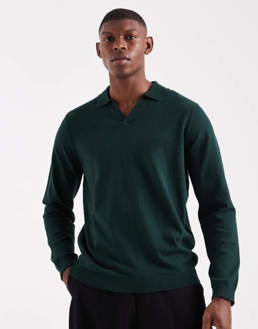 ASOS DESIGN - Polo basic in maglia con intaglio sul collo e maniche lunghe verde scuro