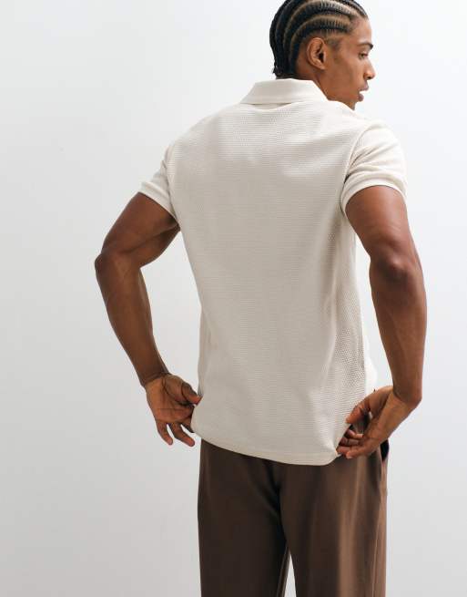 ASOS DESIGN - Polo beige testurizzata vestibilità classica con zip, 4 di 5