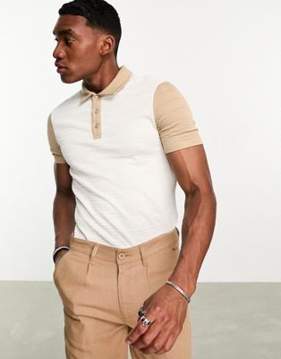 ASOS DESIGN polo shirt in white and beige texture with contrast sleeves - ASOS Price Checker