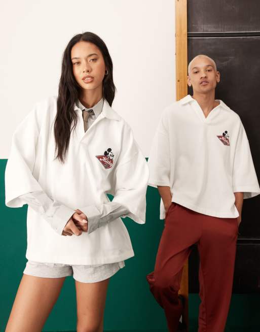 ASOS DESIGN - Polo bianco sporco oversize unisex con stampa Disney di Topolino e ricamo