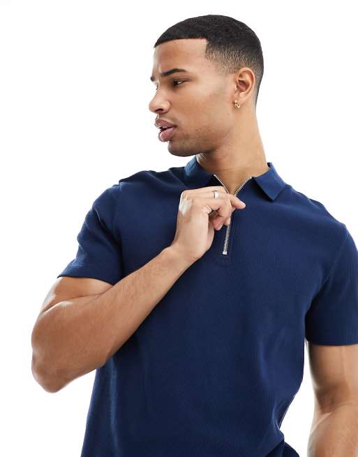 ASOS DESIGN - Polo blu navy in tessuto lavorato a nido d'ape con zip