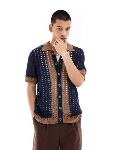ASOS DESIGN - Polo boutonné en maille pointelle - Bleu marine avec bordure - view 1