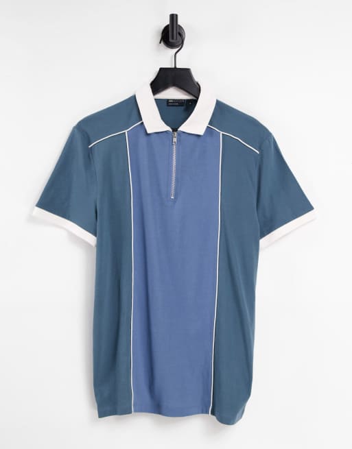 ASOS DESIGN - Polo color block blu con zip corta
