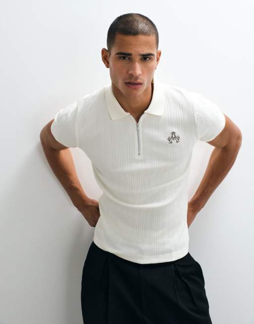 ASOS DESIGN - Polo color crema ajustado con bordado en el pecho de canalé premium