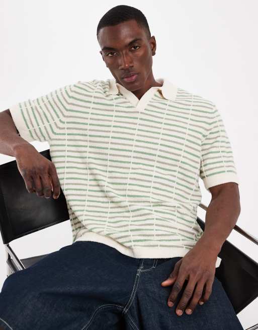 ASOS DESIGN - Polo color crudo y verde a rayas de manga corta de punto texturizado, 1 de 5