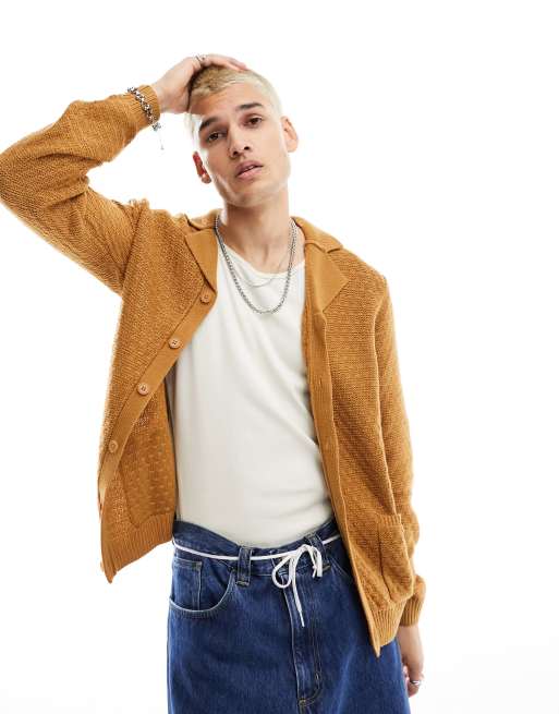 ASOS DESIGN - Polo color cuoio in maglia testurizzata con colletto a rever e bottoni