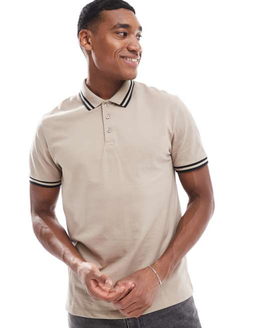 ASOS DESIGN - Polo color pietra in piqué con righe a contrasto sul bordo
