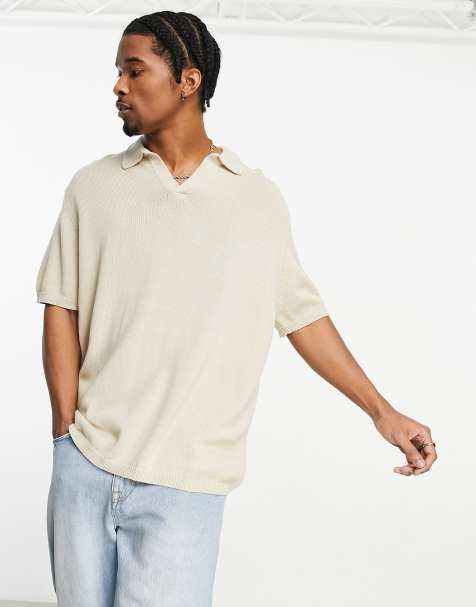 ASOS DESIGN - Polo color pietra oversize in maglia di cotone di medio peso con intaglio sul collo - view 1