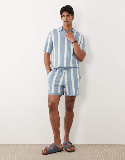 ASOS DESIGN - Polo comoda a maniche corte in maglia a righe blu ed écru con intaglio sul collo, 3 di 5